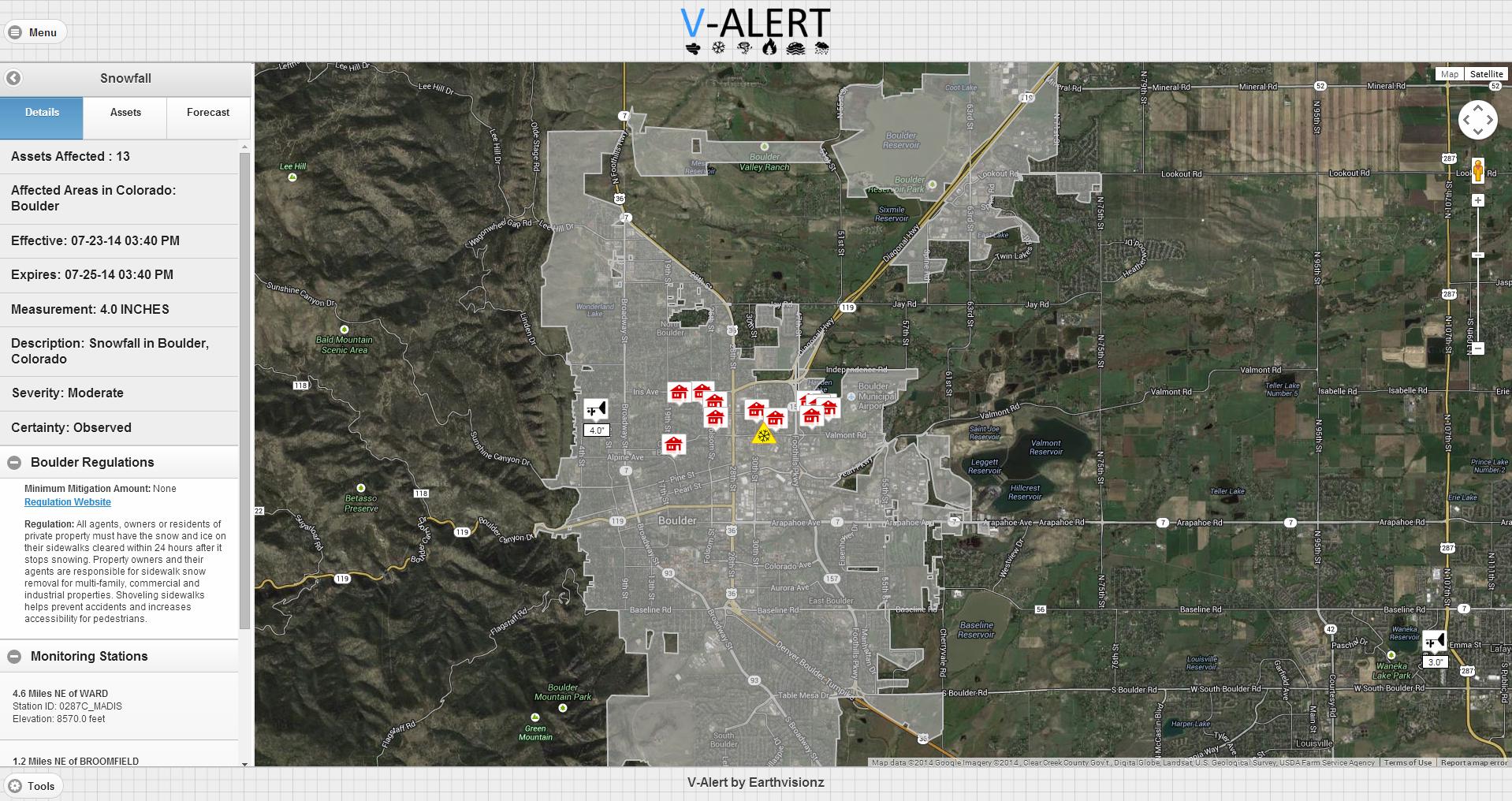 Example of snowfall alert with affected assets and municipal regulations
